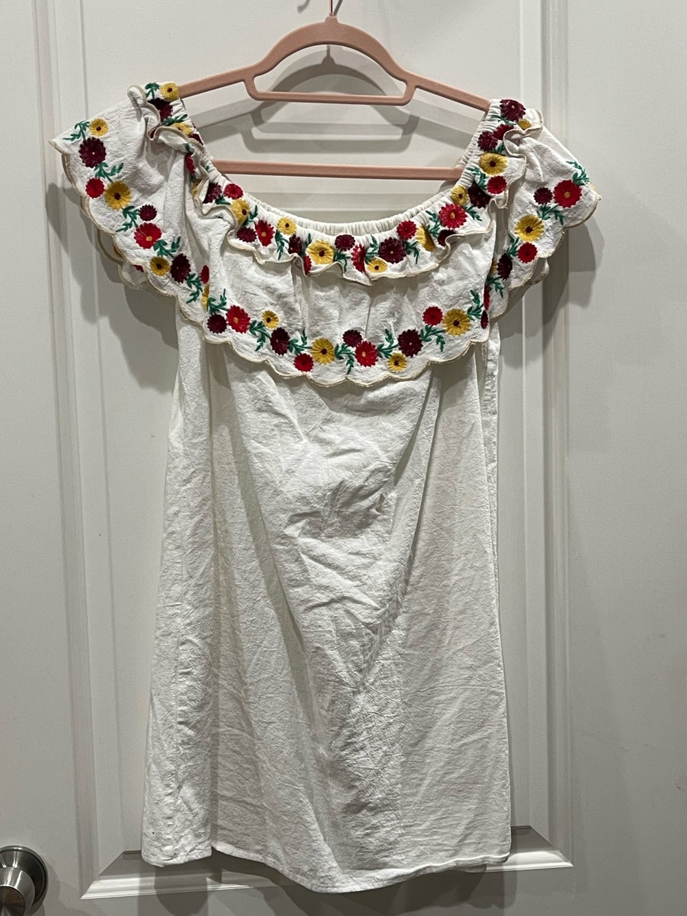 SHEIN White Off-Shoulder Tunic with Red and Yellow Floral Embroidery